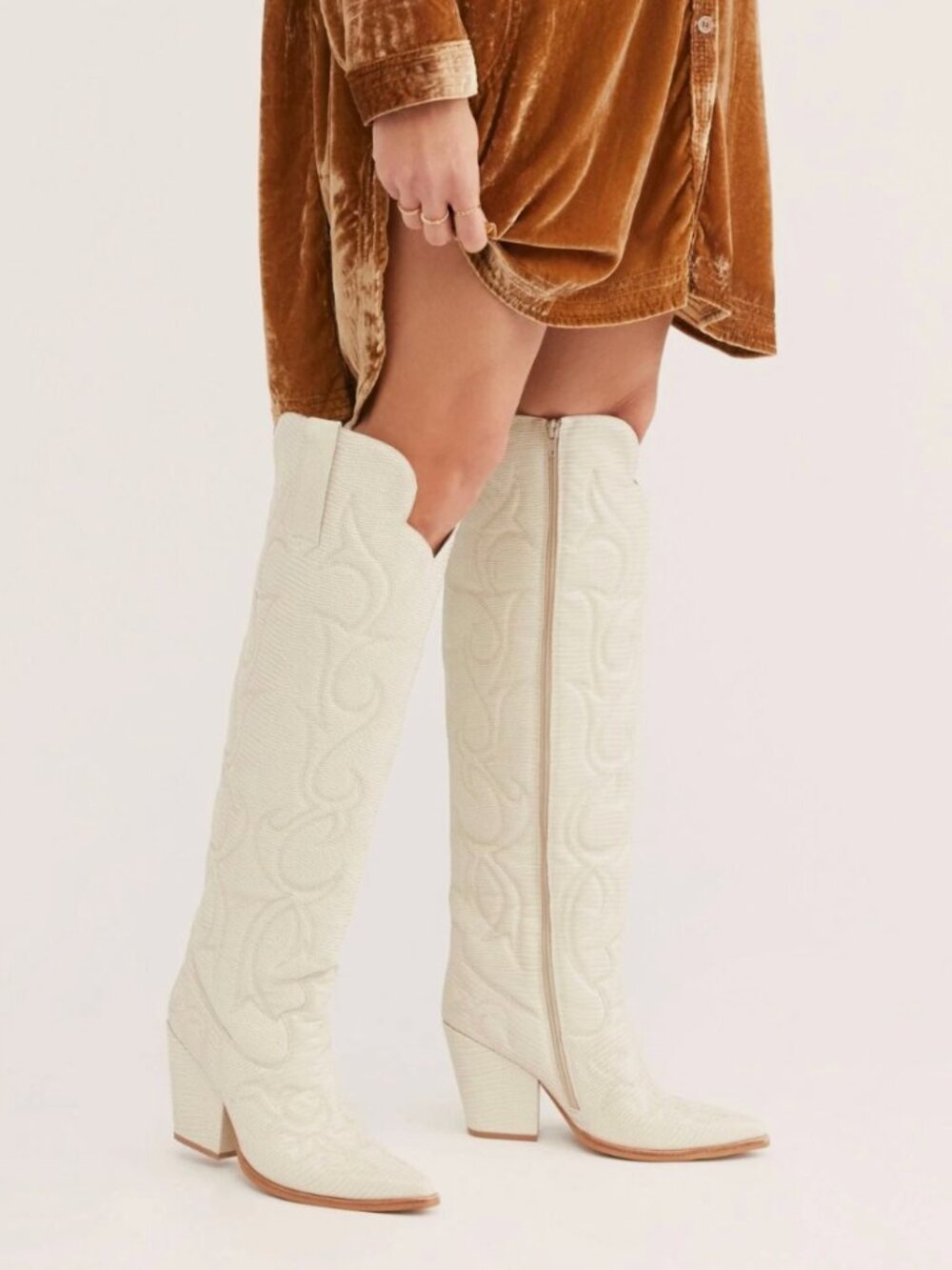 Free People Deja Over-the-Knee Boots Cream Faux Lizard Size 7